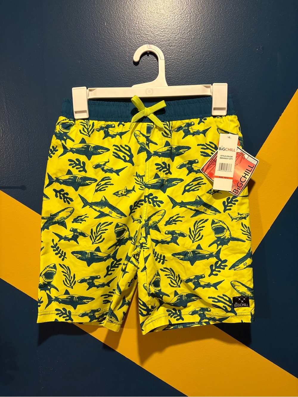 Big Chill Yellow & Blue Shark Print Swim Trunks NWT